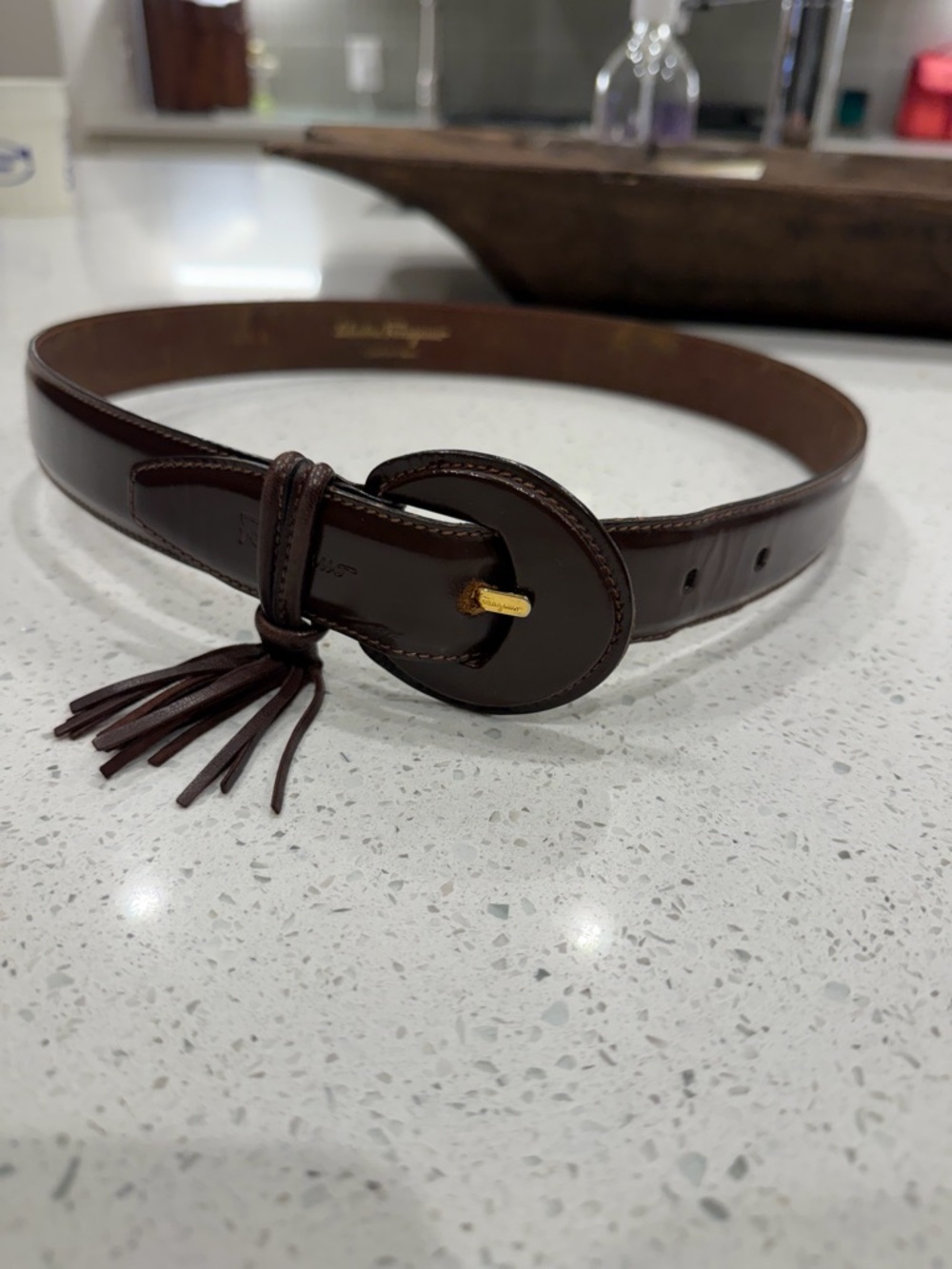 Salvatore Ferragamo Dark Brown Leather Tassel Belt with Round Buckle